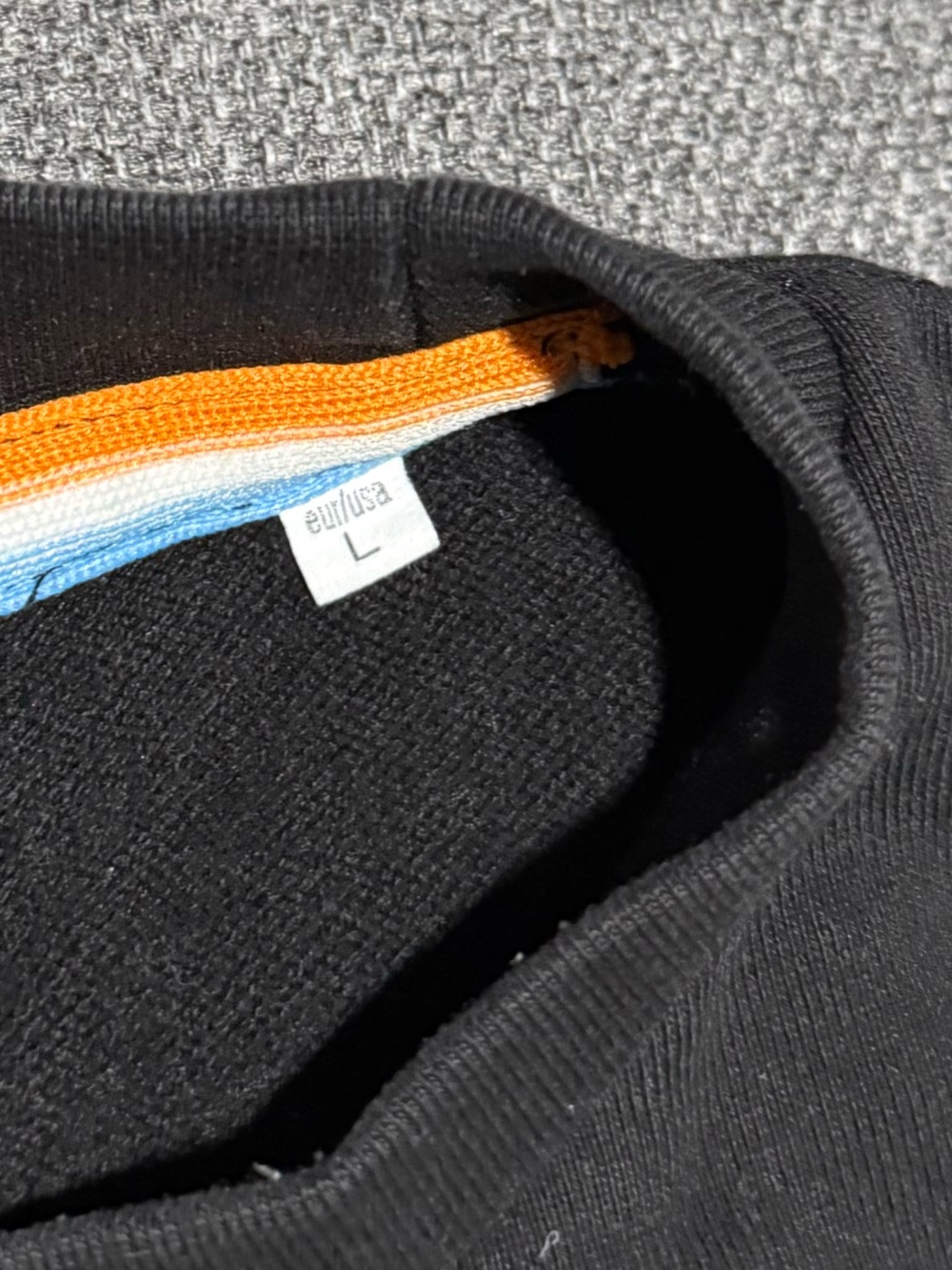 Celio* Black Crewneck Sweater with Blue, Orange and White Chest Stripes - Picture 9 of 15